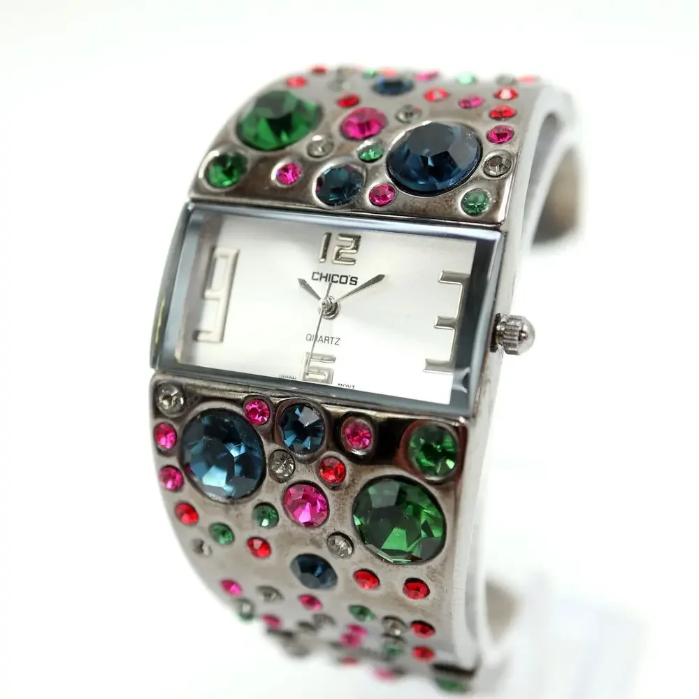 Chico's Womens Jewel Cuff Watch 32mm Blue Green Pink Gems Bangle w New Battery